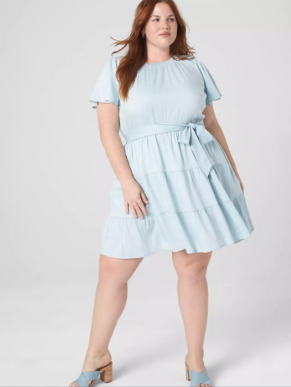 Lane Bryant Light Blue Tiered Mini Dress with Tie Waist